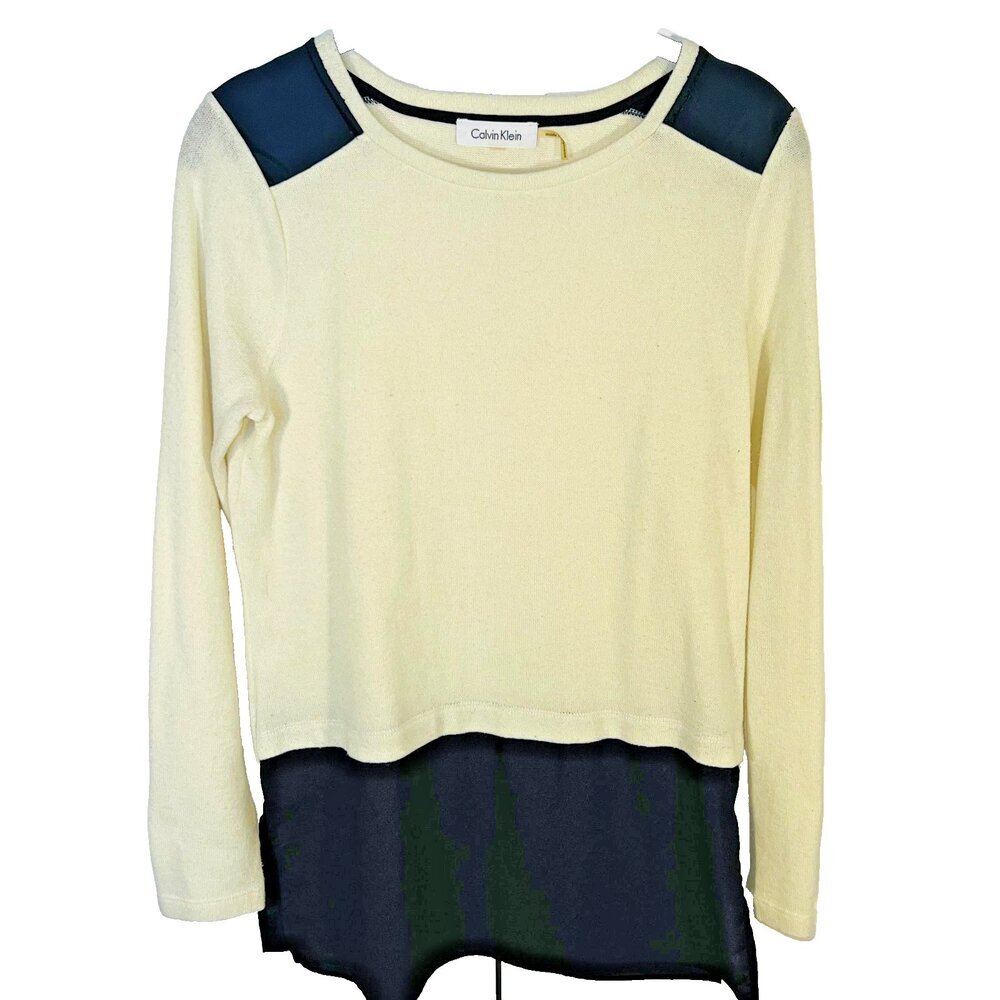 Calvin Klein Sweater Top Womens L Fits Like M Black White Color Block Crew Neck